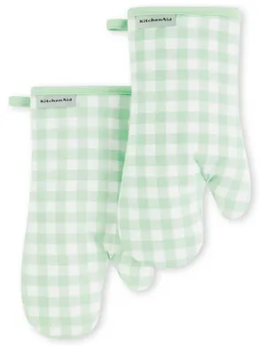 KitchenAid Gingham Oven Mitt 2-Pack Set, Pistachio, 7″x13″